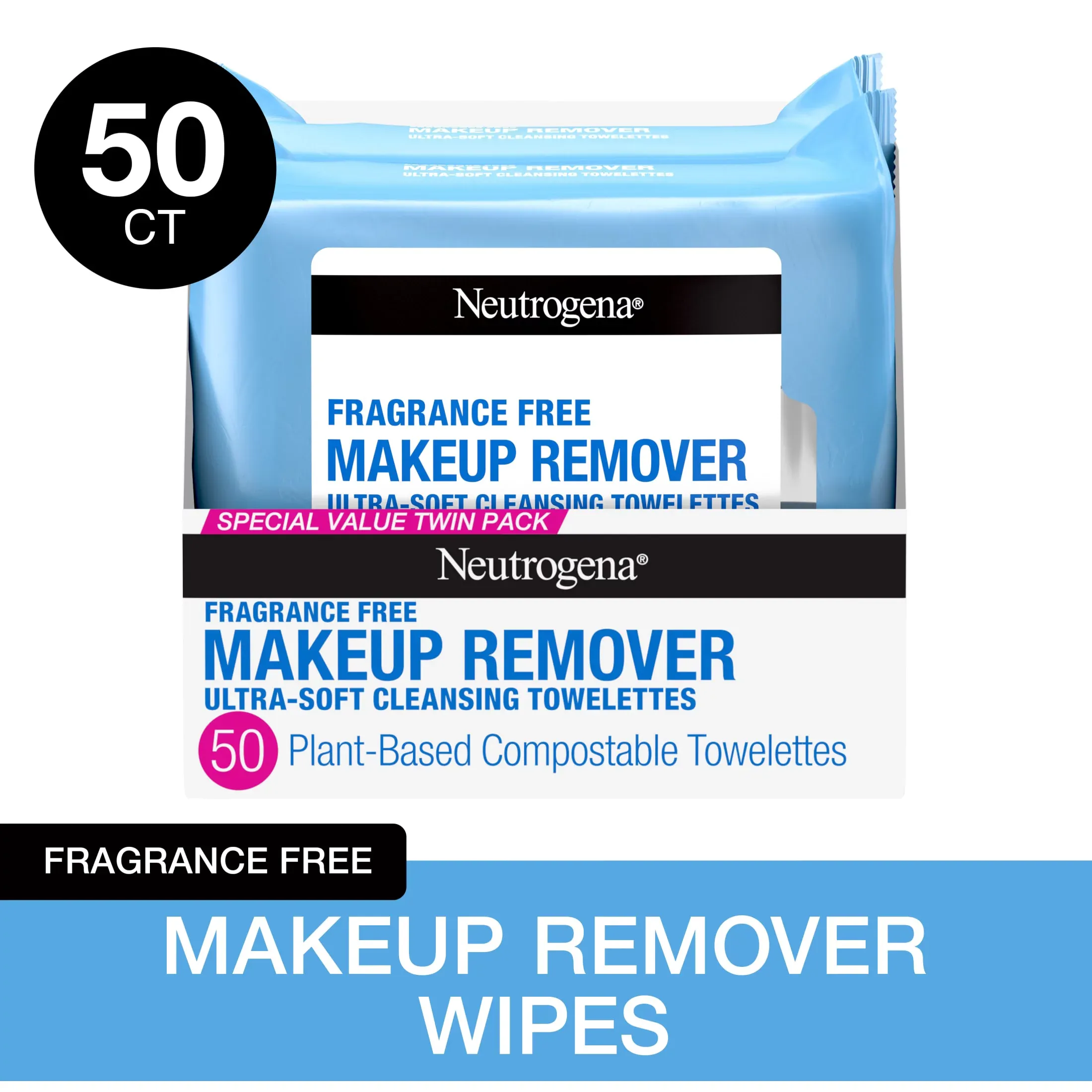 Neutrogena Cleansing Fragrance Free Makeup Remover Face Wipes, Cleansing Facial Towelettes for Waterproof Makeup, Alcohol-Free, Unscented, 100% Plant-Based Fibers, Twin Pack, 2 x 25 ct