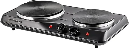 OVENTE Electric Countertop Double Burner, 1700W Cooktop with 7.25" and 6.10" Cast Iron Hot Plates, Temperature Control, Portable Cooking Stove and Easy to Clean Stainless Steel Base, Black BGS102B