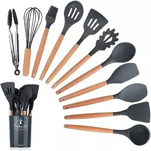 Karangred 12Pcs Silicone Cooking Kitchen Utensils Set with Holder,Wooden Handles Cooking Tool,BPA Free,Non Toxic Turner Tongs Spatula Spoon Kitchen Gadgets Set for Nonstick Cookware (Black)