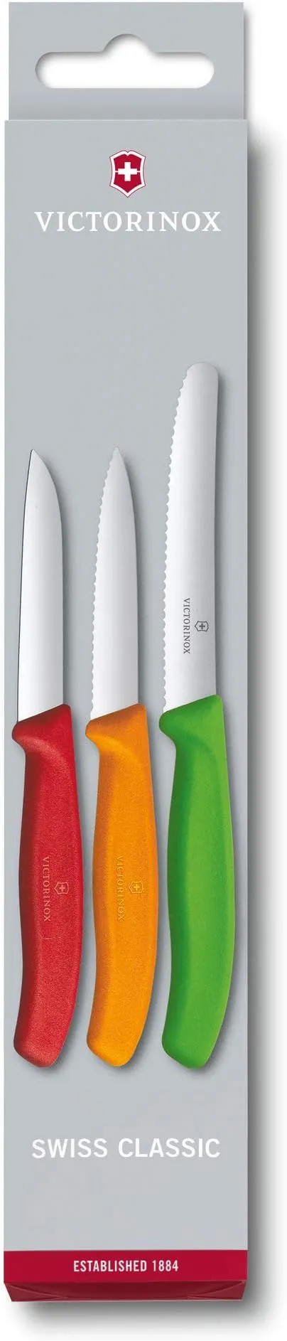 Victorinox 6.7116.32 Swiss Classic Paring Knife Set with Peeler for Chopping, Slicing, Dicing and Removing Cores and Seeds Straight and Wavy Blade in Red, Orange, and Green, Set of 3