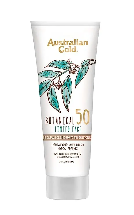 Australian Gold Botanical SPF 50 Tinted Sunscreen for Face, Non-Chemical BB Cream & Mineral Sunscreen, Water-Resistant, Matte Finish, For Sensitive Facial Skin, Fair to Light Skin Tones, 3 FL Oz