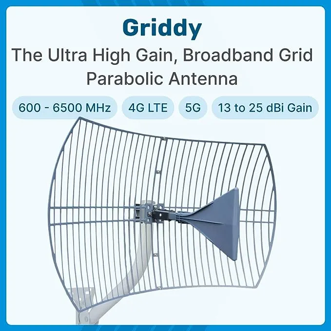 Waveform Griddy: Grid Parabolic Antenna Kit for 4G LTE, 5G NR, and WiFi | 40 km Range | +26 dBi | Works w/Cell Phone Boosters, Modems, Routers, and Gateways | Antenna Only