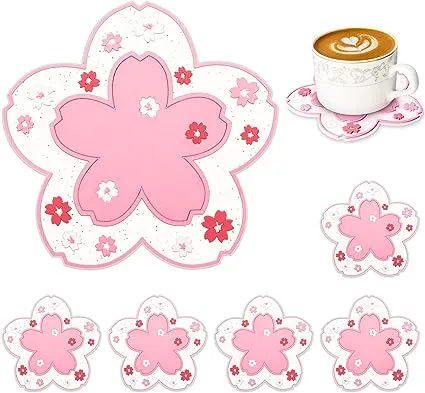 Conisy Flower Coasters for Drinks,6 Pcs Cute Non-Slip Washable Reusable Heat Resistant Silicone Coasters (Sakura,Pink)