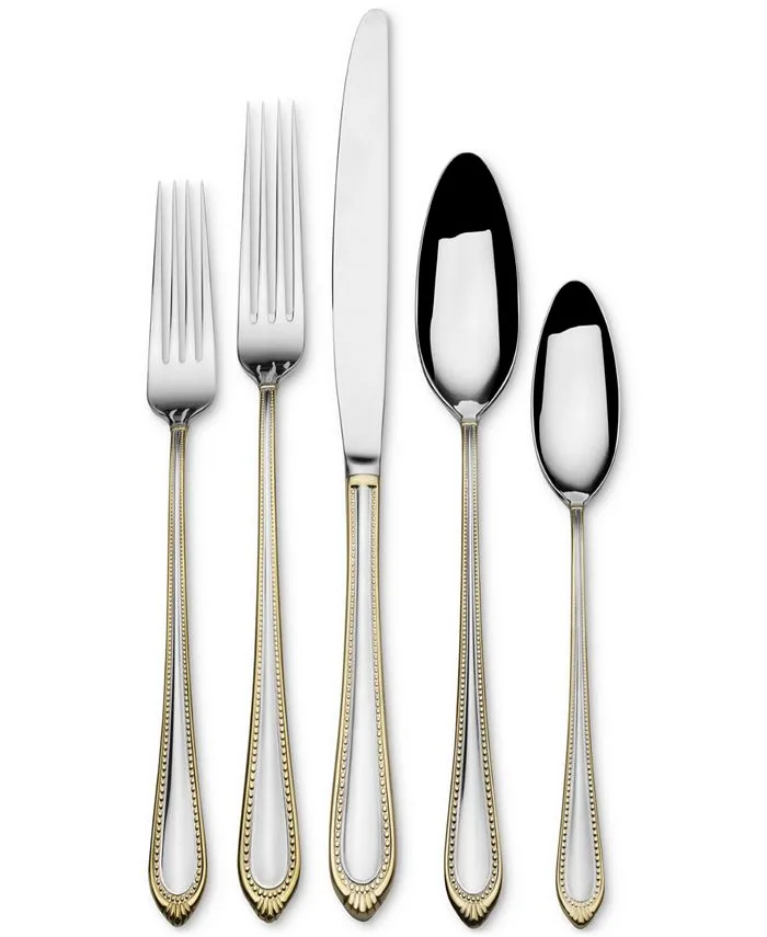 Mikasa, Gold Accent Regent Bead Flatware Service for 12, 65 Piece Set, 18/10 Stainless Steel, Silverware Set with Serving Utensils