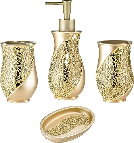 Zahari Home 4pc Sinatra Stylish Bathroom Accessories Set Champagne Gold Soap Dispenser Pump, Tumbler, Tooth Brush Holder and Soap Dish Modern Decor Bling Mosaic Glass Gold Bathroom Accessories