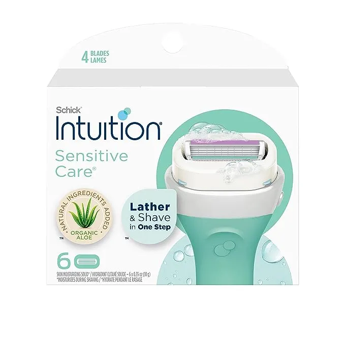 Schick Intuition 4-Blade Pure Nourishment Women's Razor Blade Cartridge Refills, 6 Ct, Lather & Shave In One Step, With Organic Cocoa Butter