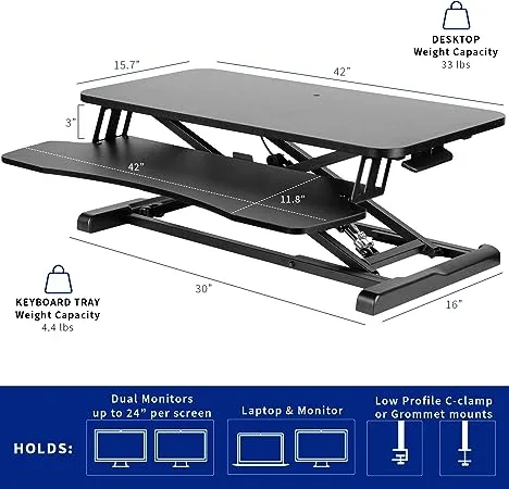 vivo Black Height Adjustable 42" Standing Desk Monitor Riser, Sit Stand Tabletop