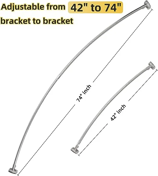 Verstelbare gebogen douchestang, 42-74 inch extra brede douchegordijnstang, roestvrij, hoogwaardig roestvrij staal, gebogen douchegordijnstang voor de badkamer, boren vereist, zilver