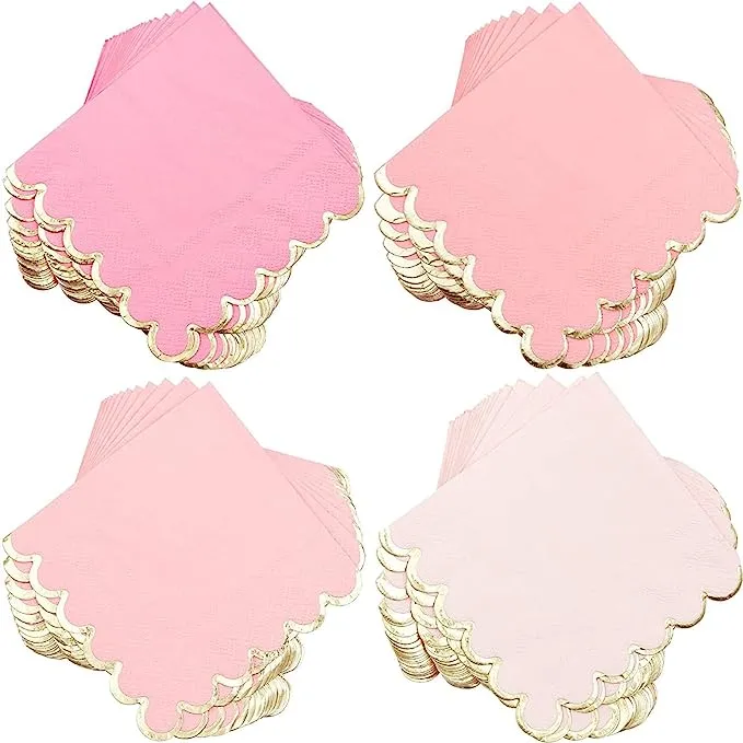 Scalloped Pink and Gold Foil Paper Napkins for Bridal Shower (5 x 5 in, 100 Pack)