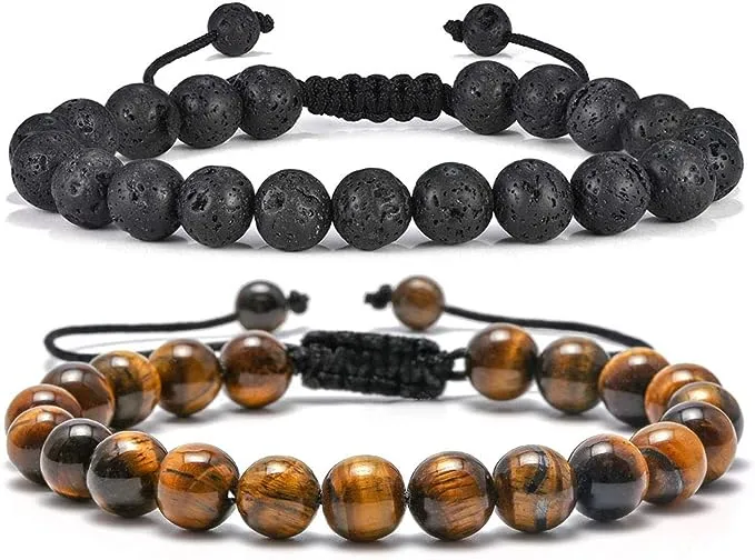 M MOOHAM Bead Bracelet for Mens Gifts - Natural Tiger Eye Black Lava Rock Stone Mens Anxiety Bracelets, Adjustable Aromatherapy Essential Oil Diffuser