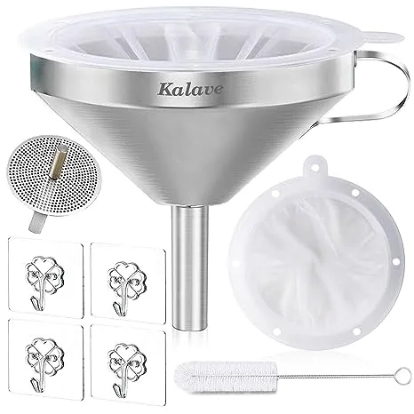 Kalave Premium Stainless Steel Funnel, 5 inch Food Grade Kitchen Funnels with 200 Mesh Food Filter Strainer, Metal Funnel for Filling Bottles, Food