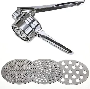 Stainless Steel Potato Ricer – Manual Masher for Potatoes, Fruits, Vegetables, Yams, Squash, Baby Food and More - 3 Interchangeable Discs for Fine, Medium, and Coarse, - Easy To Use - by Tundras