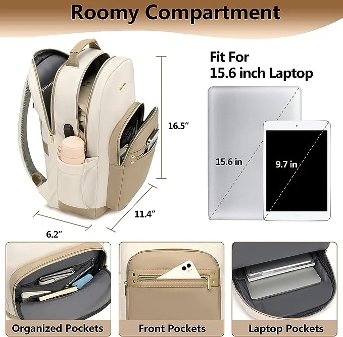 Laptop Backpack for Women Bag - 15.6 inch Work Bags with USB Charger College Bookbag Waterproof Business Computer Backpack Casual Travel Backpacks for Women Nurse Teacher Beige-Black-Brown