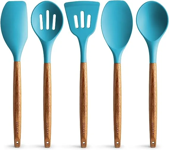 Zulay Kitchen Utensils Set - Non-Stick Silicone Cooking Utensils Set with Authentic Acacia Wood Handles - 5 Piece Silicone Utensil Set - Silicone Kitchen Utensils Set (Blue)