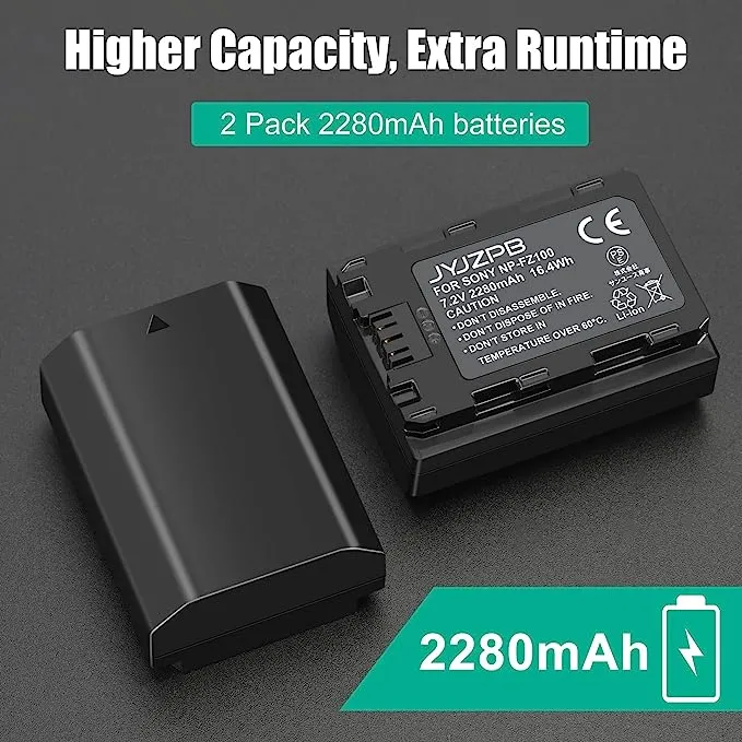 JYJZPB NP-FZ100 Rechargeable Battery, A7III Replacement Battery with Type-C Charging Input for Sony Alpha A7 III, A7 IV, a7 SIII, A7R III, A7R IV, A6600, Alpha A9, A9II, A9R, A9S, A7R3 Camera, 2 Packs