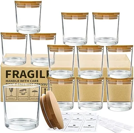 12 Pack Glass Candle Jars-10OZ Clear Empty Candle Jars with Bamboo Lids and Stic