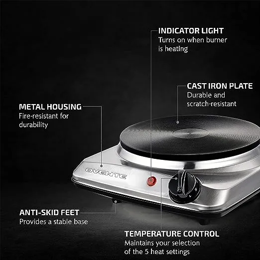 OVENTE Electric Countertop Single Burner, 1000W Cooktop with 7.25 Inch Cast Iron Hot Plate, 5 Level Temperature Control, Compact Cooking Stove and Easy to Clean Stainless Steel Base, Silver BGS101S