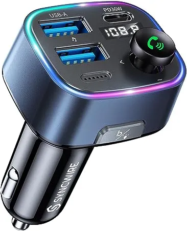 Syncwire Bluetooth 5.3 FM Transmitter Car Adapter 48W(PD 36W & 12W) [Light Switch] [Hi-Fi Deep Bass] [Fast Charging] Wireless Radio Music Adapter LED Display Hands-Free Calling Support USB Drive