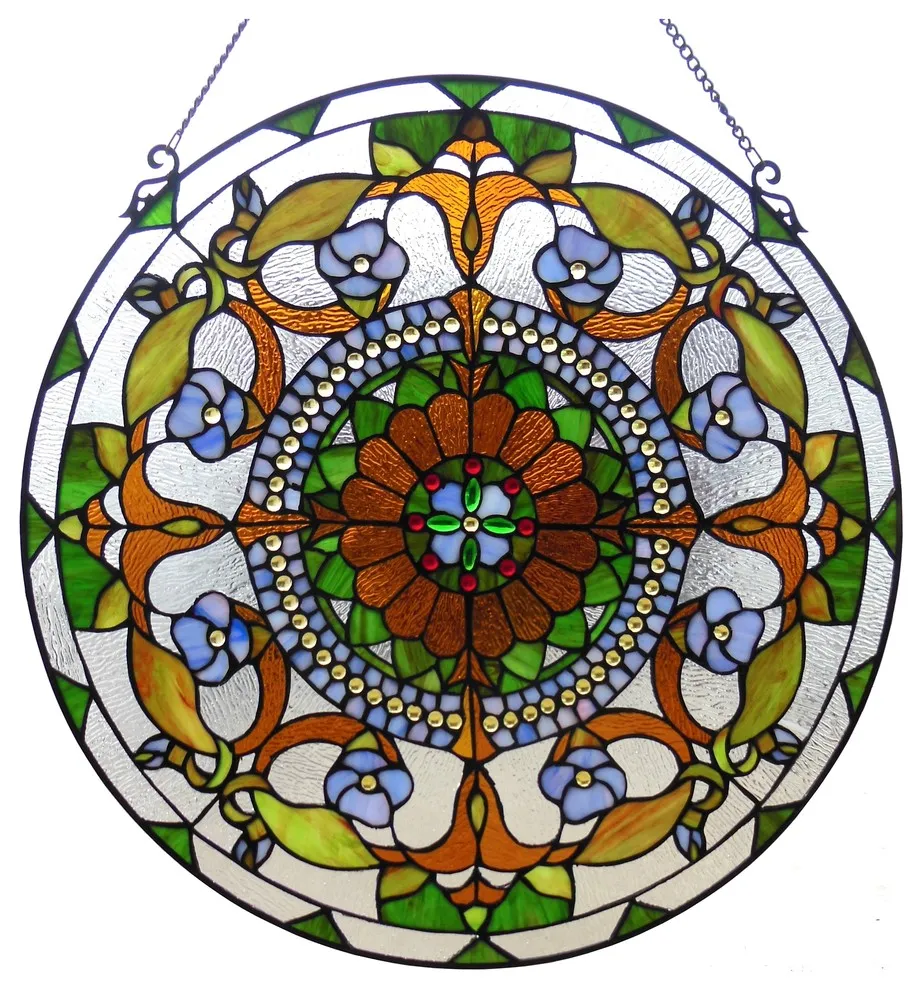 Stained Glass Tiffany Style Round Window Panel Cut Glass Victorian Handcrafted