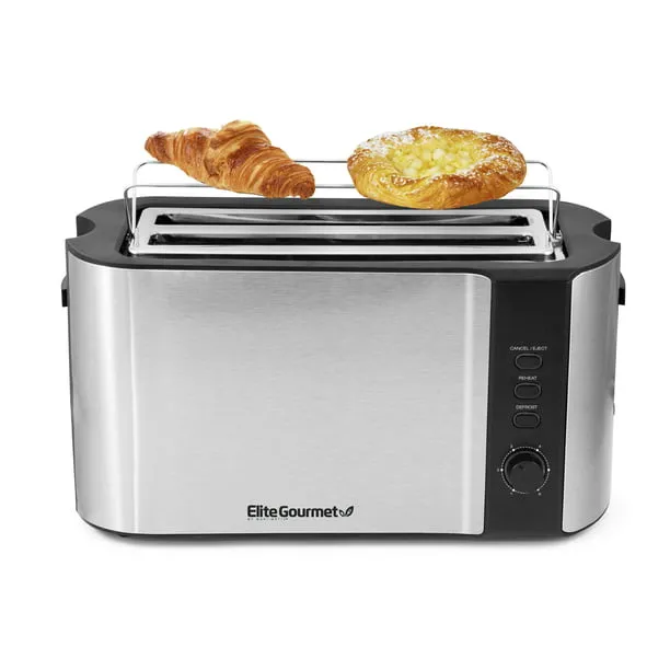 Elite Gourmet ECT-3100 Long Slot 4 Slice Toaster, Reheat, 6 Toast Settings, Defrost, Cancel Functions, Built-in Warming Rack, Extra Wide Slots for Bagels & Waffles, Stainless Steel & Black