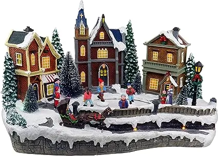 Large Christmas Village Houses with Skating Rink, Animated Pre-lit Musical Sn...