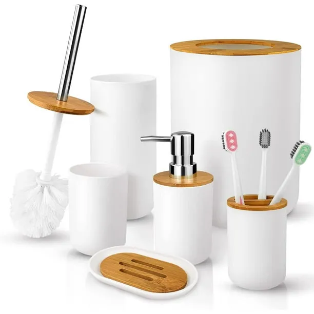 6 Pcs Bamboo and Plastic Bathroom Accessories Sets, Includes Toothbrush Cup, Too