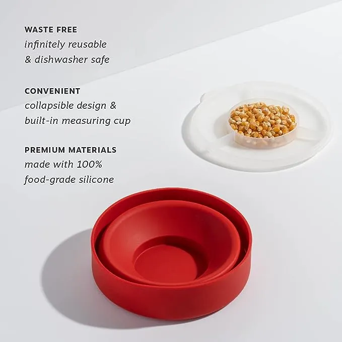 W&P Microwave Silicone Personal Popcorn Popper Maker | Red | Collapsible Bowl w/Built In Measuring Cup, BPA Free, Eco-Friendly, Waste Free, 4 Cups of Popped Popcorn