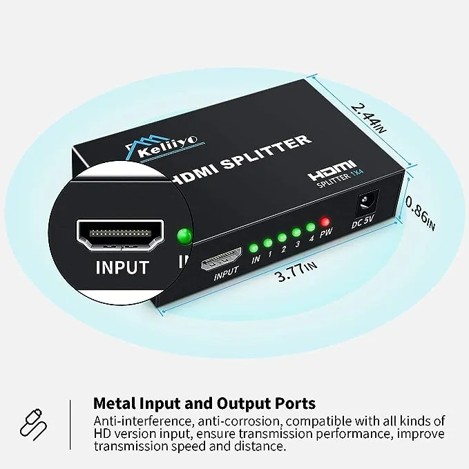 HDMI Splitter Keliiyo 1x4 Ports Powered V1.4b Video Converter with Full Ultra HD