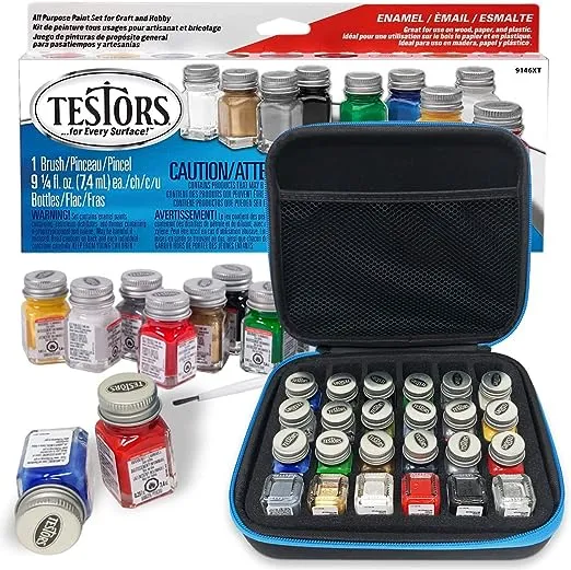 Testors Model Paint Enamel 10pc Paint Set, Pixiss Model Paint Storage Case for Testors Paints (Holds 30 Bottles) (Military Colors)