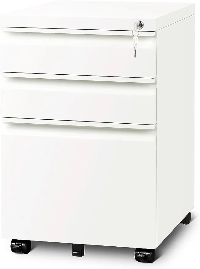 Letaya 3 Drawer Mobile File Cabinet with Lock, Under Desk Metal Rolling Filing Cabinets for Home Office Organizer-Letter/Legal/A4/F4 (Requires Installation-White)