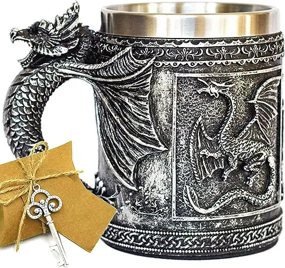 Medieval GOT Dragon D&D Game Mug of Thrones Merchandise Beer Steins Viking Tankard Mug Stainless Coffee Cup Gift Mug for Dragon Collector, Themed Party Decoration