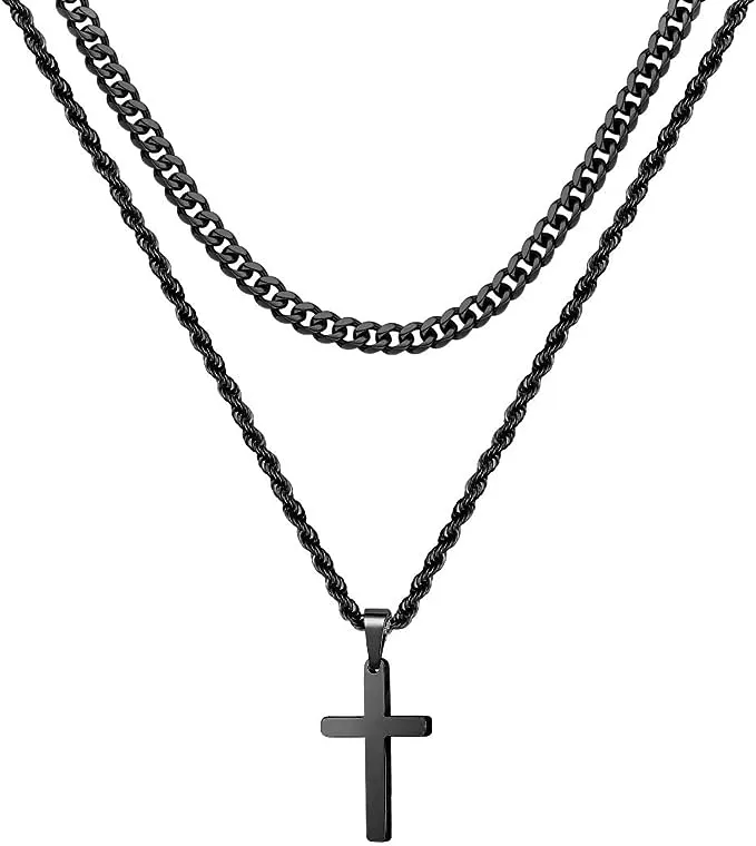 Ursteel Layered Cross Necklace for Men, 18K Gold Silver Black Stainless Steel Mens Cross Necklaces Cross Chain Layered Rope Chain Cross Necklace for