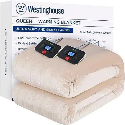 Westinghouse Electric Blanket Queen Size, Super Cozy Soft Flannel 84" x 90" Heated Blanket with 10 Fast Heating Levels & 1-12 Auto-Off, Machine Washable, ETL&FCC Certification, Beige