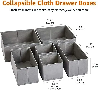 Amazon Basics Cloth Drawer Storage Organizer Boxes for Socks, Underwear and Baby Items, Set of 6, Gray