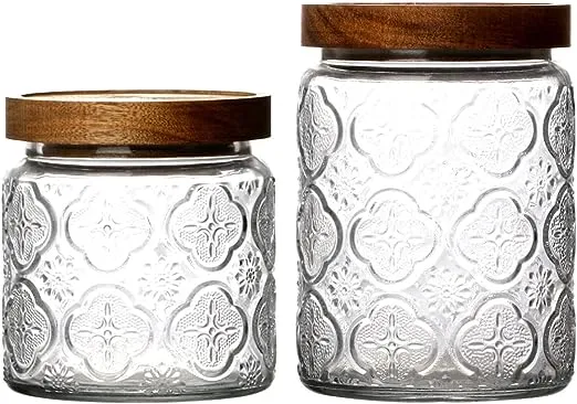 NUTRIUPS Glass Jars with Wood Lids, Jars with Lids, Vintage Glass Jar Set of 2 (Begonia)