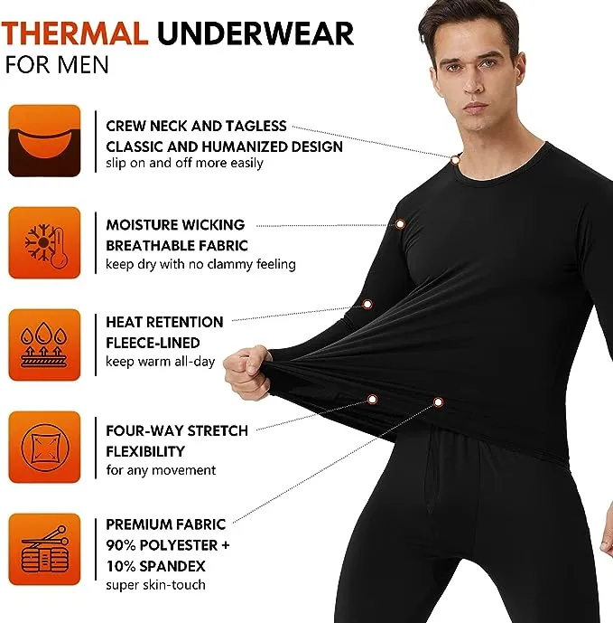 CL convallaria 2 Pack Long Johns Thermal Underwear for Men Soft Fleece Lined Base Layer Cold Weather Set XS-4XL