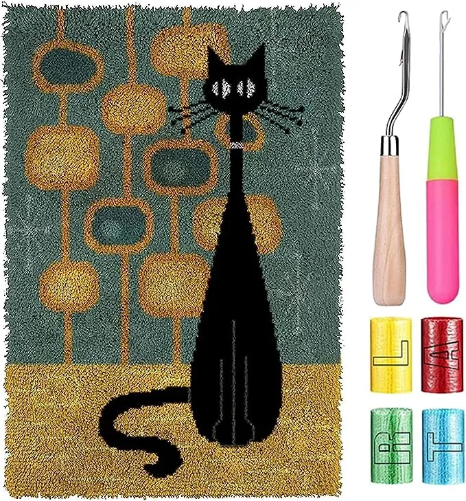 CZCRAOR Latch Hook Rug Kit for Adults DIY Crochet Yarn Kits with Color Printed Canvas Black Cat Pattern Rug Making Craft Embroidery Tapestry Set Home