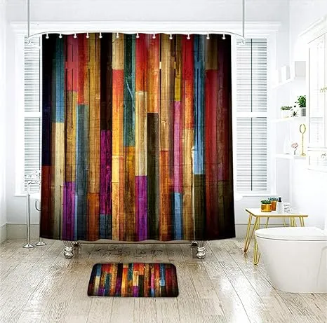 Riyidecor Colorful Painted Wood Shower Curtain 72Wx72H Inch Plank Rustic Farmhouse Wooden Vintage Barn Door Bathroom Decor Set Polyester Waterproof 12 Pack Plastic Hooks WW-YMDV