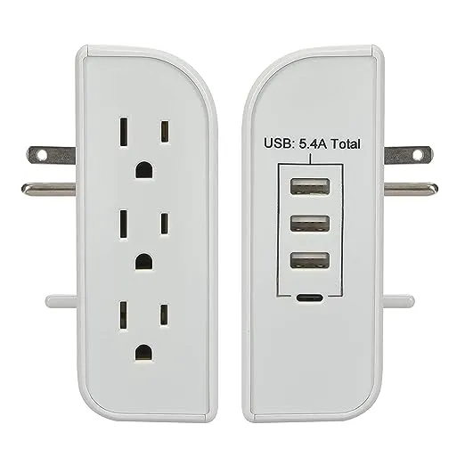 Clear Power 3 Side-Outlet 1200 Joule Surge Protector Wall-tap w/3-Port USB-A & 1-Port USB-C Chargers, CP30009