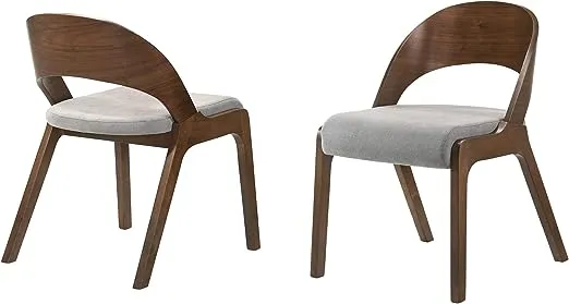 Armen Living Polly Mid-Century Modern Dining Accent Chairs Finish Fabric-Set of 2, 20" Wide, Walnut/Grey