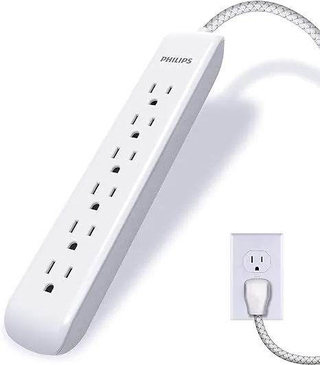 Philips 6 Outlet Power Strip Surge Protector, 6 Ft Power Cord, Designer Braided Extension Cord, Flat Plug, Perfect for Office or Home Décor, 1080 Joules, White, SPC3054WA/37