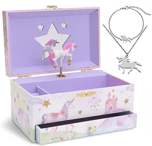 Jewelkeeper Unicorn Music Box & Little Girls Jewelry Set - 3 Unicorn Gifts for Girls