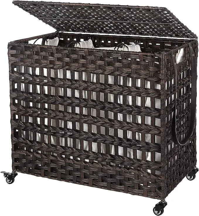 SONGMICS Laundry Hamper with Lid, 140L Synthetic Rattan Laundry Basket with Wheels, Clothes Hamper with 3 Removable Liner Bags, Brown