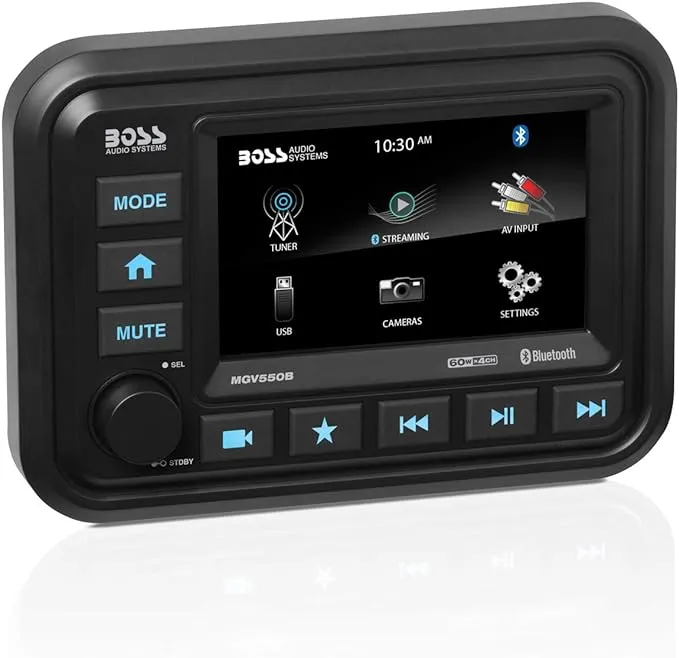 BOSS Audio Systems MGV550B Marine Gauge Receiver - Weatherproof, 5 Inch Touchscreen, Built-in Amplifier, Bluetooth, Digital Media MP3 Player, No CD Player, USB Port, AM/FM Radio