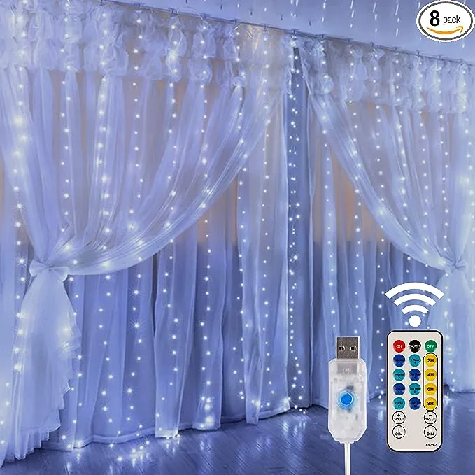 Home Lighting Window Curtain String Lights, 300 LED 8 Lighting Modes Fairy Copper Light with Remote, USB Powered Waterproof F