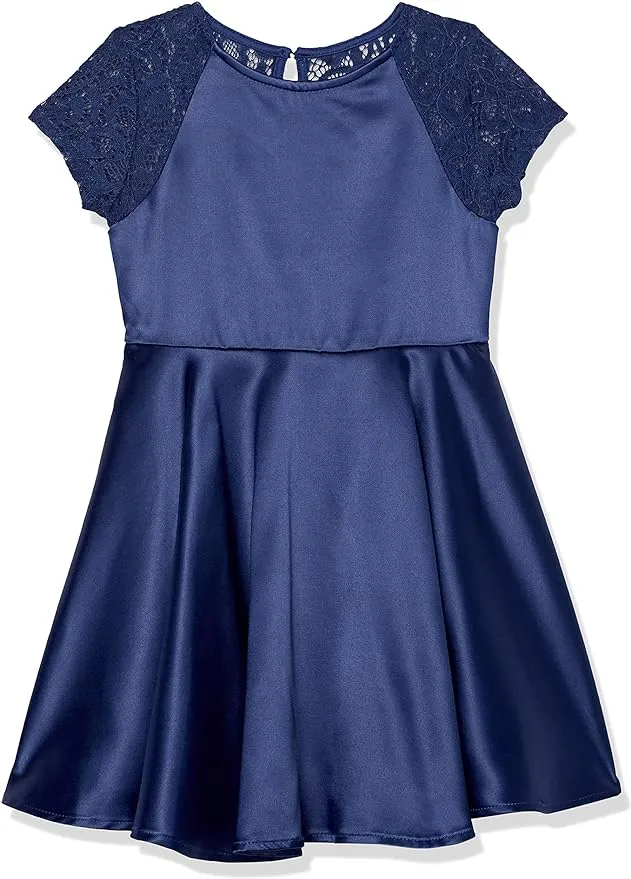 Calvin Klein Girls' Sleeveless Party Dress, Fit and Flare Silhouette, Round Neckline & Back Zip Closure, Blue SatinCalvin Klein Girls' Sleeveless Party Dress, Fit and Flare Sil…