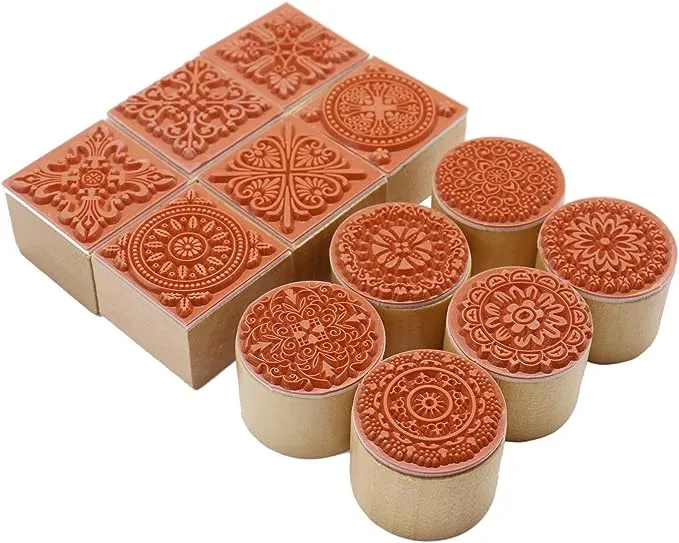 Fciqven 12pcs Wooden Stamps Set,Round and Square Floral Pattern Rubber Stamp for Scrapbooking and DIY Craft Card