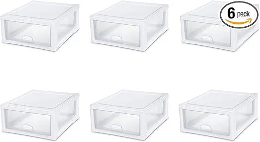 Sterilite 16 Qt Stacking Storage Drawer, Stackable Plastic Bin Drawer to Organize Shoes and Clothes in Home Closet, White with Clear Drawer, 6-Pack