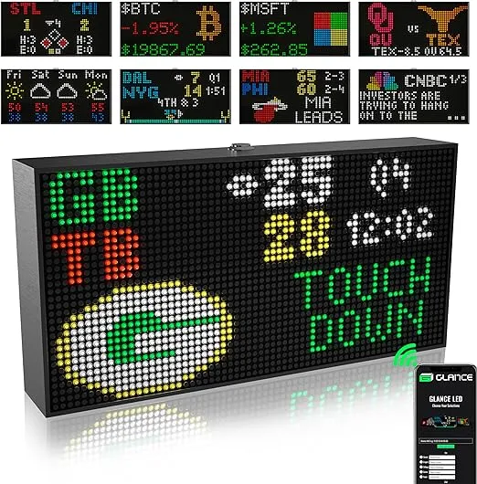 Glance LED Ticker - Customizable LED Display Sports Ticker, LED Display for Man Cave, Stock Market Ticker Display, Sports Score Retro Smart Pixel Display, Weather Display - 8"x4" Made in USA