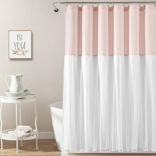 Lush Decor Tulle Skirt Colorblock Shower Curtain, 72" x 72", Blush & White